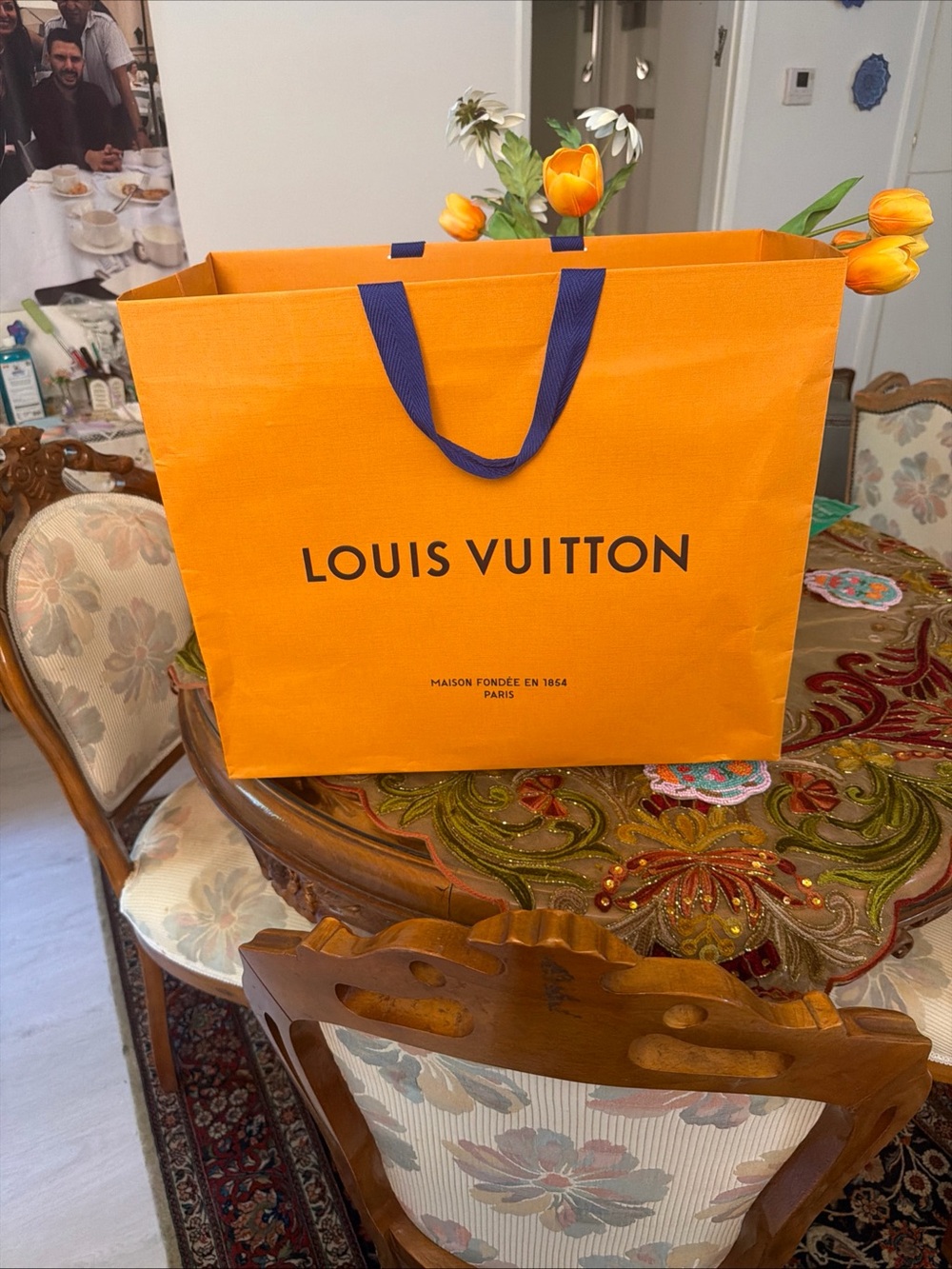 Louis Vuitton Orange Tote with Navy Handles